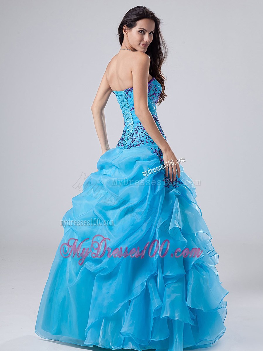 Ruche Ruffles and Pick-ups Sweet 15 Dresses with Beaded Purple Appliques