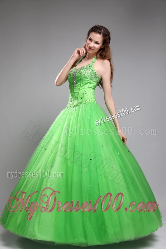 Halter Top Beaded Ball Gown Sweet 15 Birthday Party Dresses Spring Green