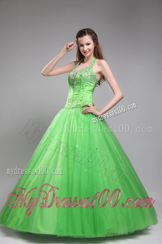 Halter Top Beaded Ball Gown Sweet 15 Birthday Party Dresses Spring Green