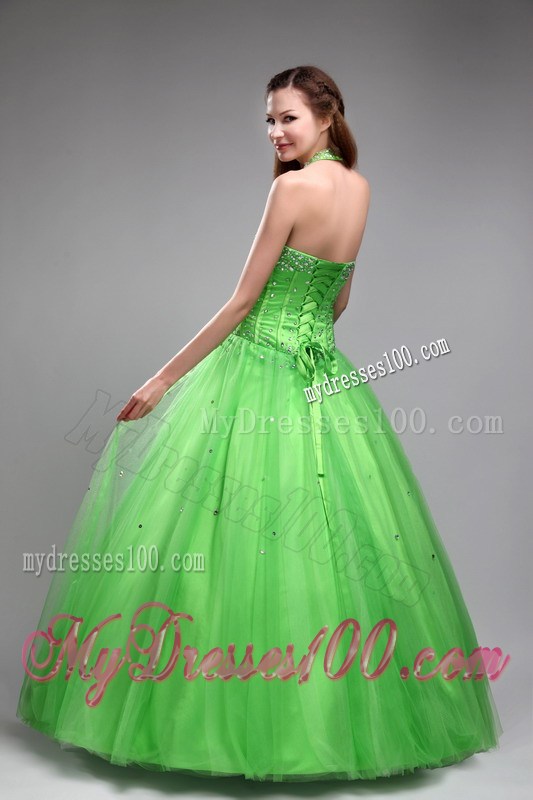 Halter Top Beaded Ball Gown Sweet 15 Birthday Party Dresses Spring Green