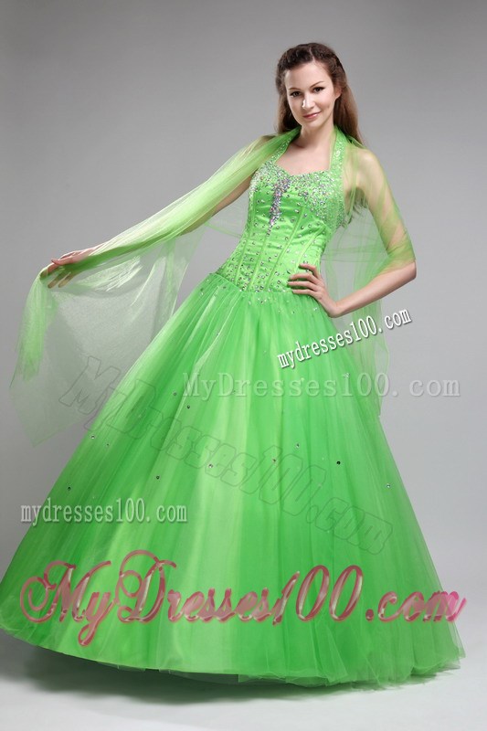 Halter Top Beaded Ball Gown Sweet 15 Birthday Party Dresses Spring Green