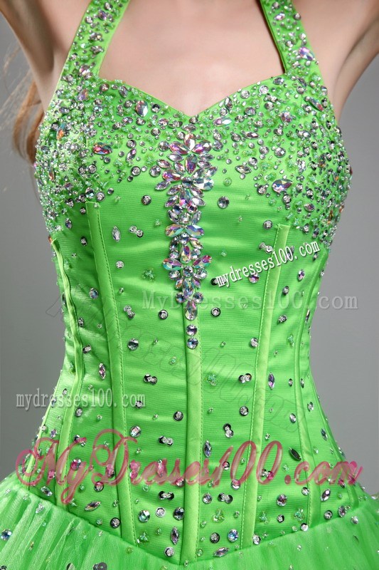 Halter Top Beaded Ball Gown Sweet 15 Birthday Party Dresses Spring Green