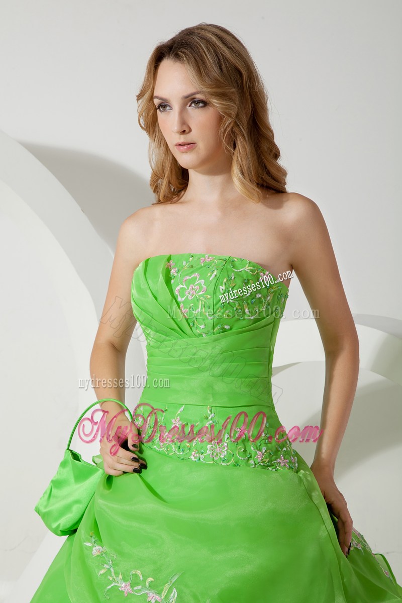 Spring Green Ruched Quinceanera Dress with White Embroideries with Hand Bag