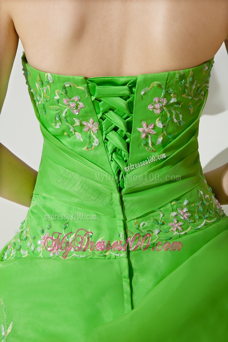 Spring Green Ruched Quinceanera Dress with White Embroideries with Hand Bag