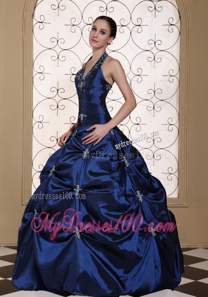Halter Top Sweet sixteen dresses in Navy Blue with Pick-ups and Appliques