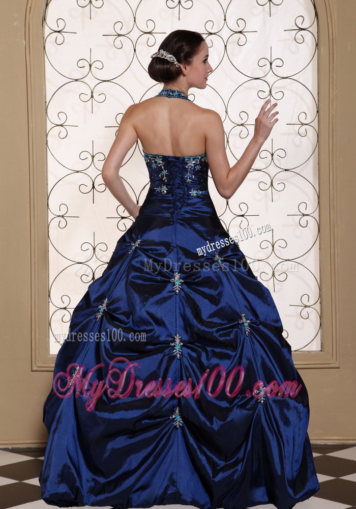 Halter Top Sweet sixteen dresses in Navy Blue with Pick-ups and Appliques