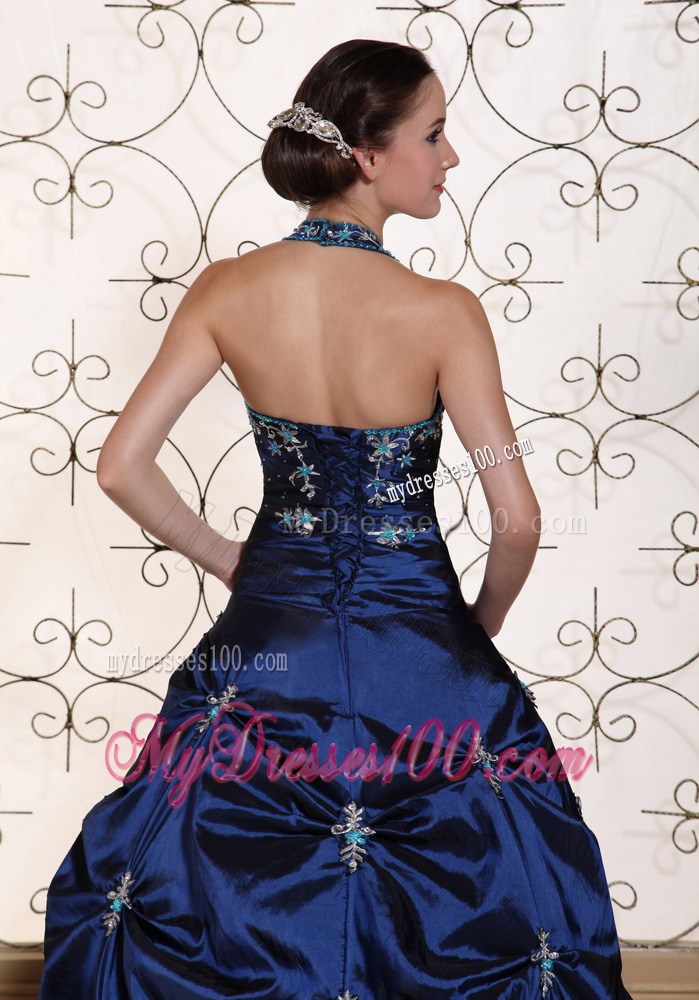 Halter Top Sweet sixteen dresses in Navy Blue with Pick-ups and Appliques