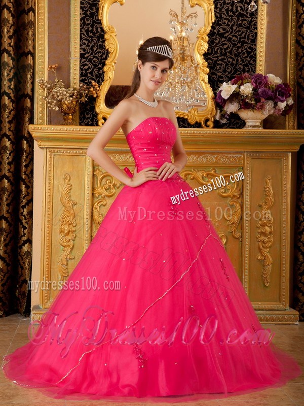 Princess Strapless Dress for Quince in Hot Pink with Beadings and Appliques
