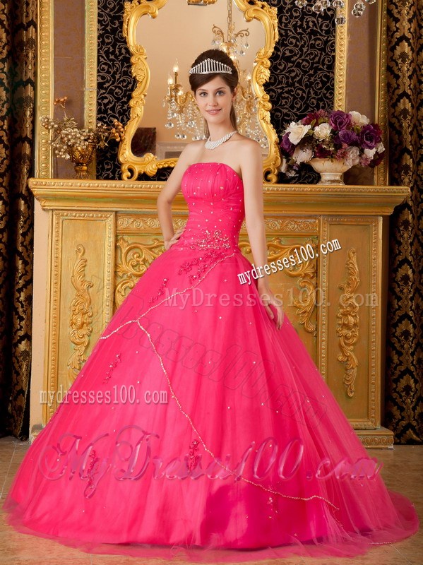 Princess Strapless Dress for Quince in Hot Pink with Beadings and Appliques