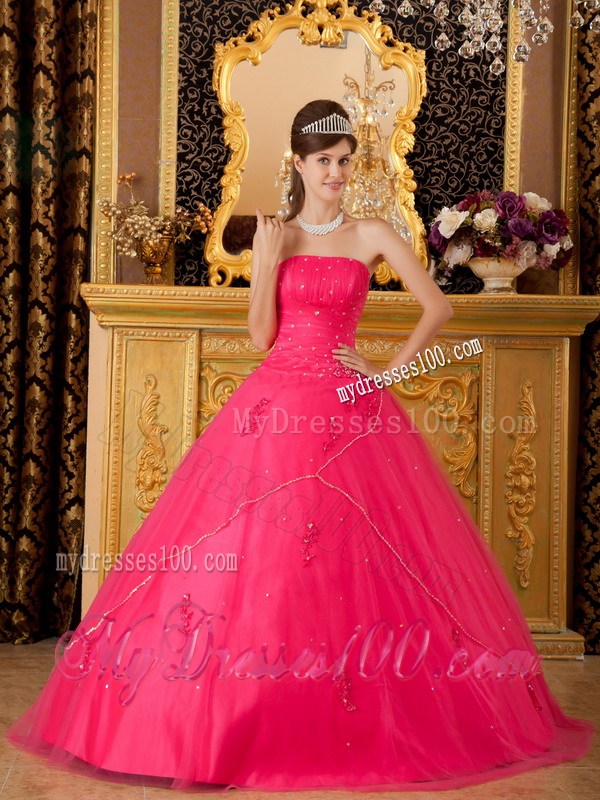 Princess Strapless Dress for Quince in Hot Pink with Beadings and Appliques
