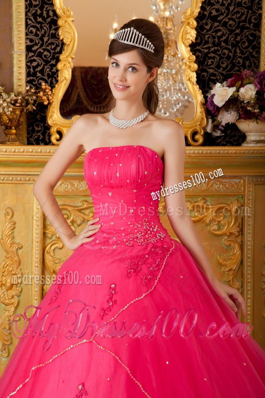 Princess Strapless Dress for Quince in Hot Pink with Beadings and Appliques
