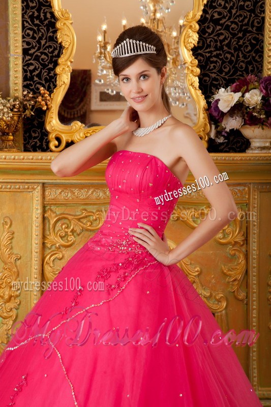 Princess Strapless Dress for Quince in Hot Pink with Beadings and Appliques