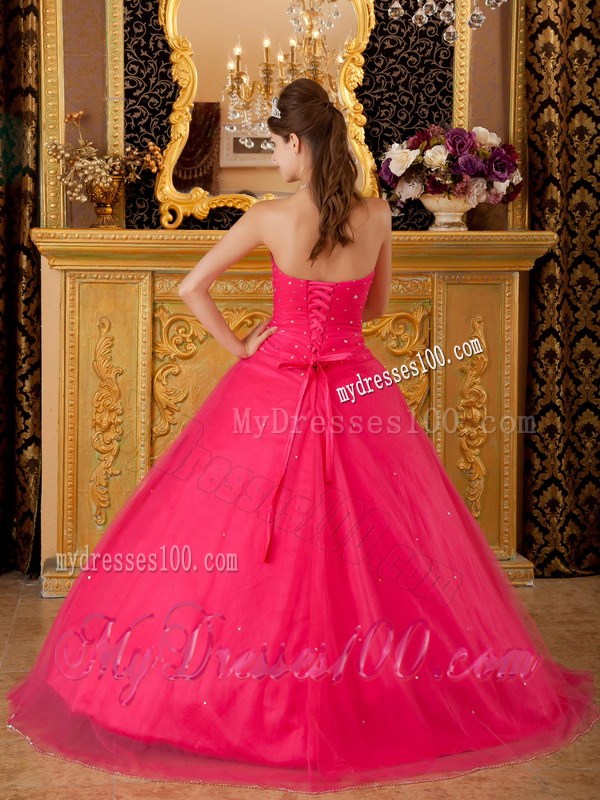 Princess Strapless Dress for Quince in Hot Pink with Beadings and Appliques