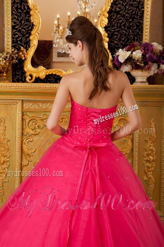 Princess Strapless Dress for Quince in Hot Pink with Beadings and Appliques