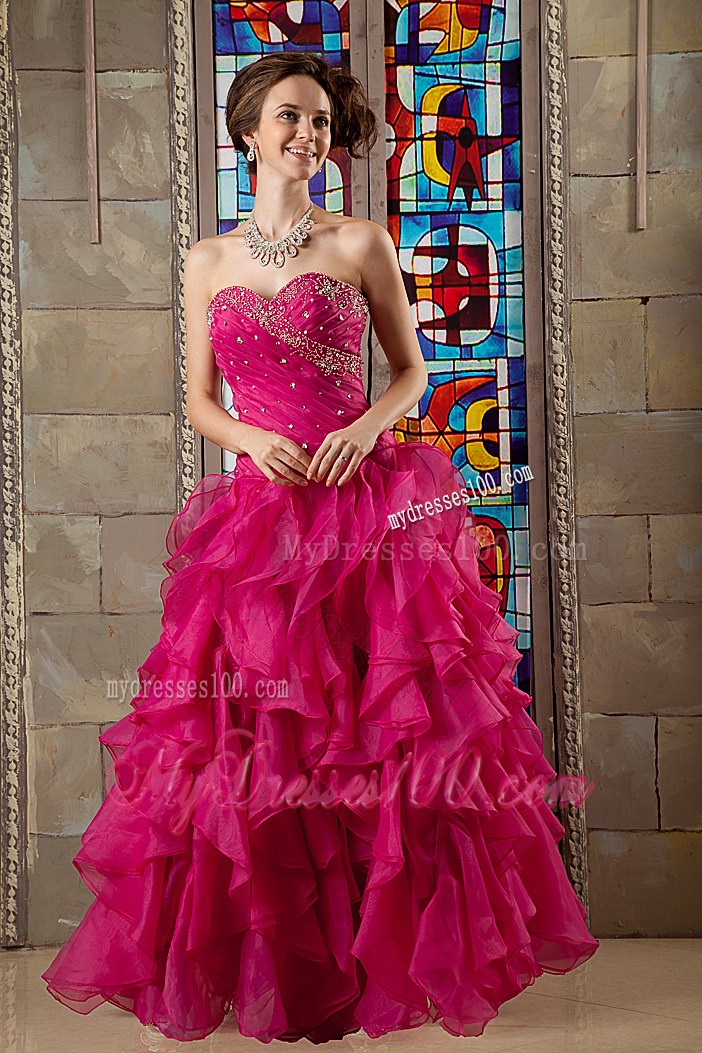 Hot Pink Ruching and Beading Ruffles A-line Sweet sixteen dresses with Jacket