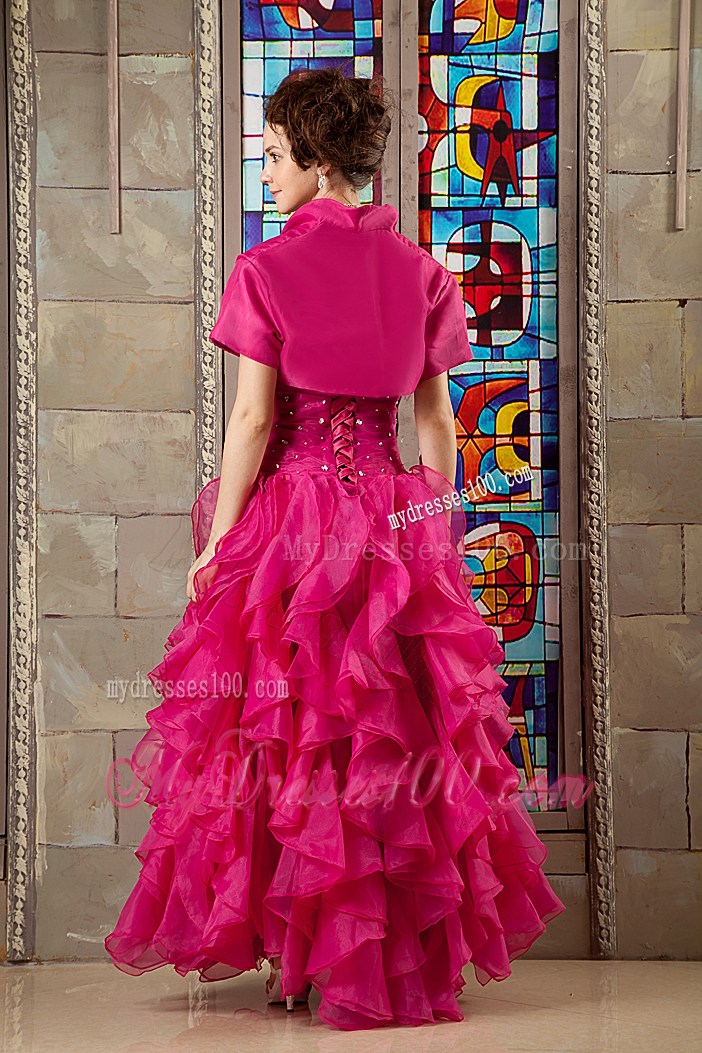 Hot Pink Ruching and Beading Ruffles A-line Sweet sixteen dresses with Jacket