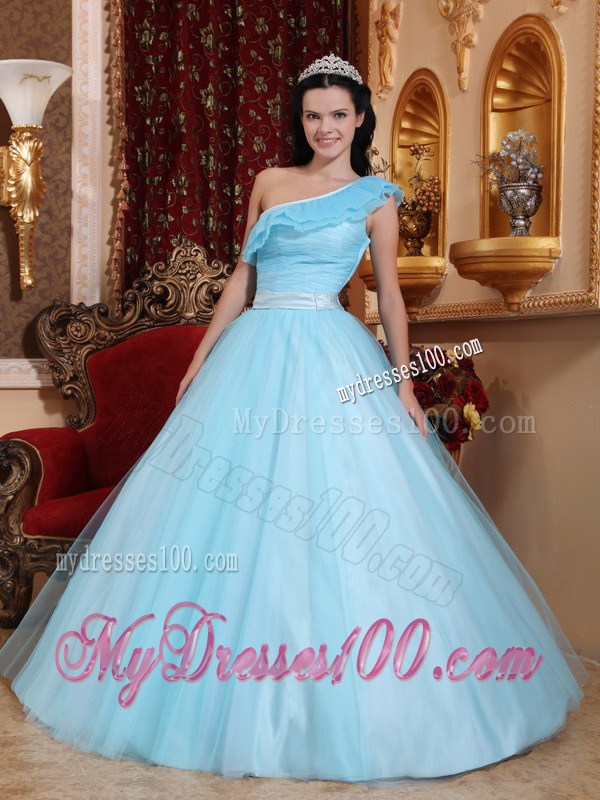 Petal One Shoulder Ruching Dress for Quince in Light Blue with Satin Sash