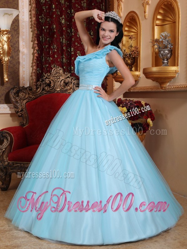 Petal One Shoulder Ruching Dress for Quince in Light Blue with Satin Sash