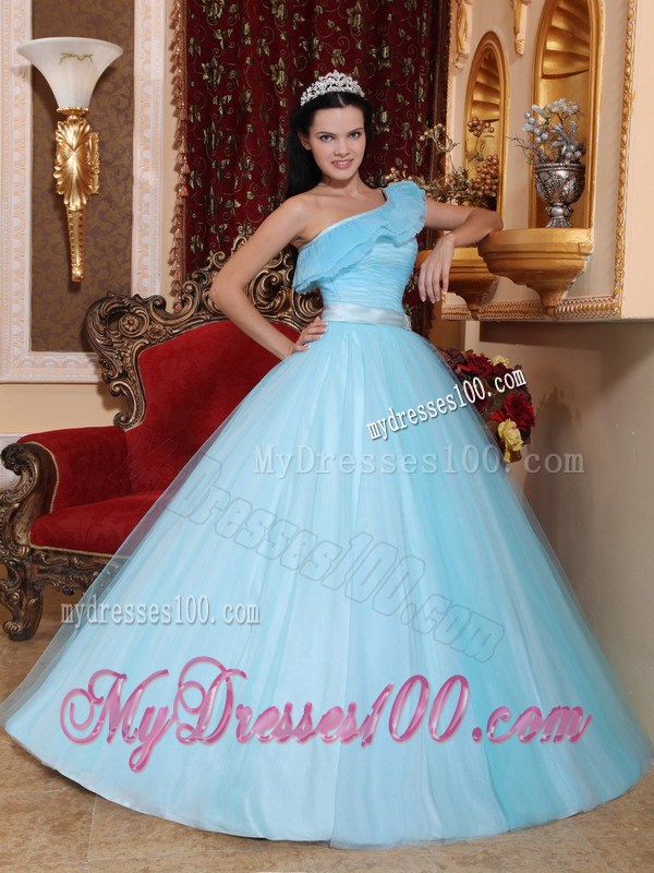 Petal One Shoulder Ruching Dress for Quince in Light Blue with Satin Sash