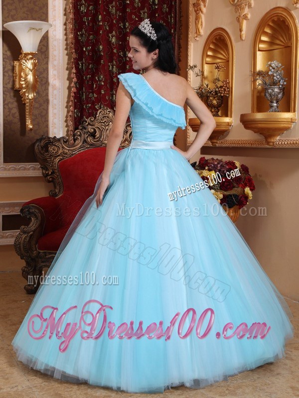 Petal One Shoulder Ruching Dress for Quince in Light Blue with Satin Sash