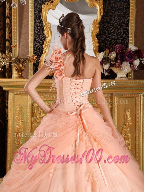 Hand Made Flowers Quinceanera Dresses with Appliques and Tulle Pick-ups