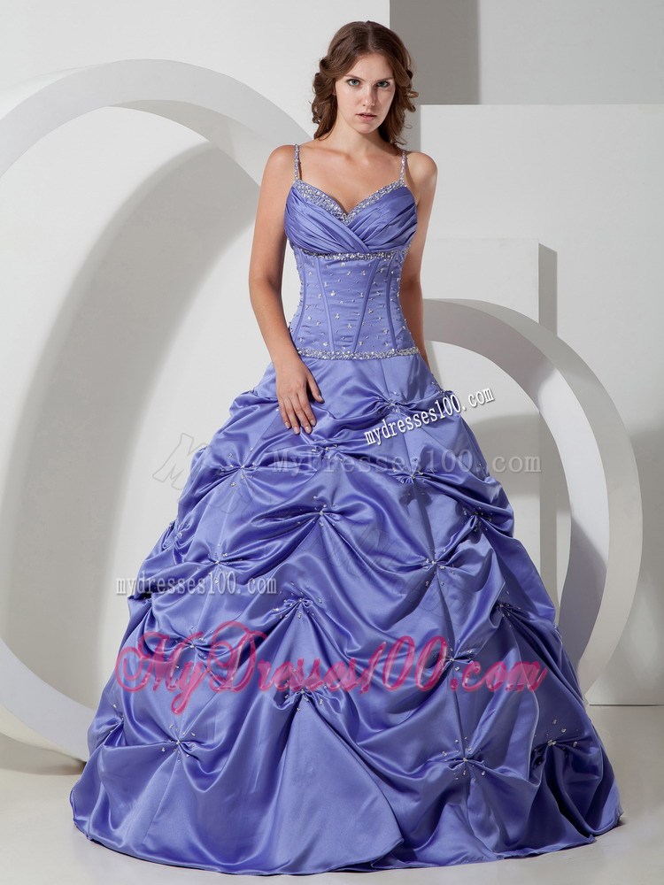 Lilac A-line Spaghetti Straps Floor-length Taffeta Beading Quinceanera Dress