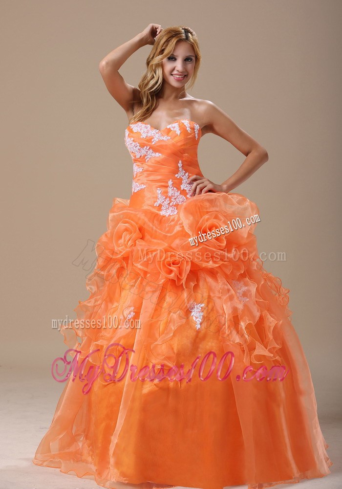 Hand Made Flowers Quinceanera Dresses in Orange with White Appliques
