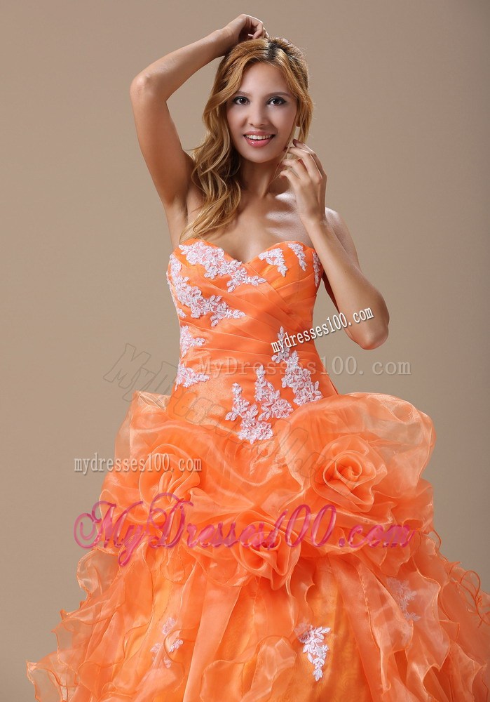 Hand Made Flowers Quinceanera Dresses in Orange with White Appliques