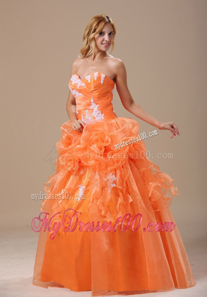 Hand Made Flowers Quinceanera Dresses in Orange with White Appliques