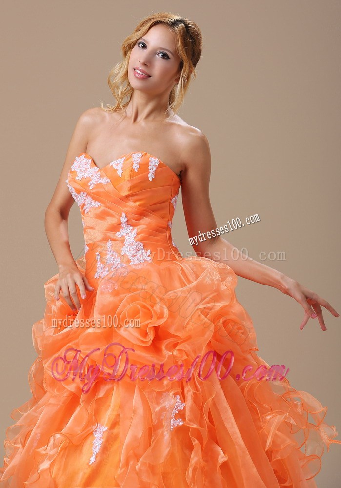 Hand Made Flowers Quinceanera Dresses in Orange with White Appliques