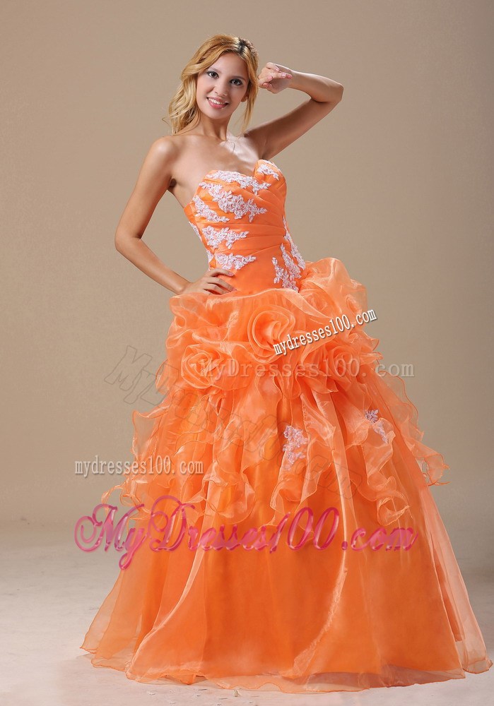 Hand Made Flowers Quinceanera Dresses in Orange with White Appliques