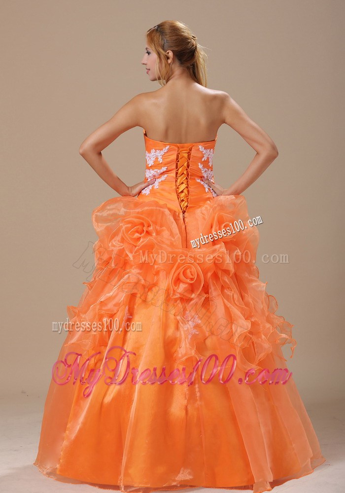 Hand Made Flowers Quinceanera Dresses in Orange with White Appliques