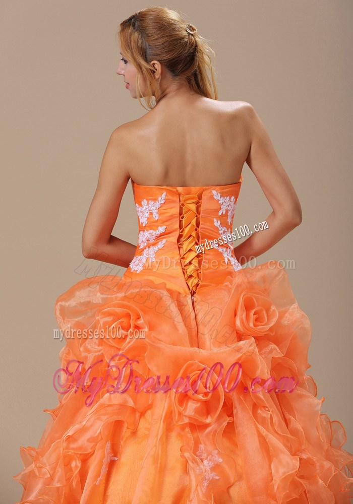 Hand Made Flowers Quinceanera Dresses in Orange with White Appliques