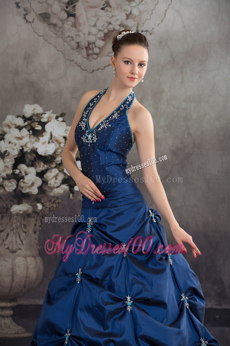 Navy Blue Halter Top Sweet 15 Dresses with Jewelries and Pick-ups