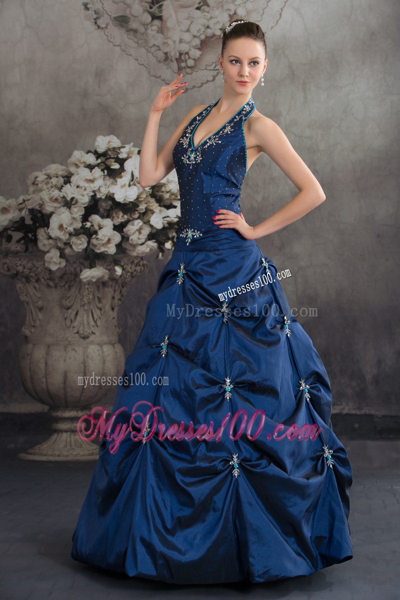 Navy Blue Halter Top Sweet 15 Dresses with Jewelries and Pick-ups