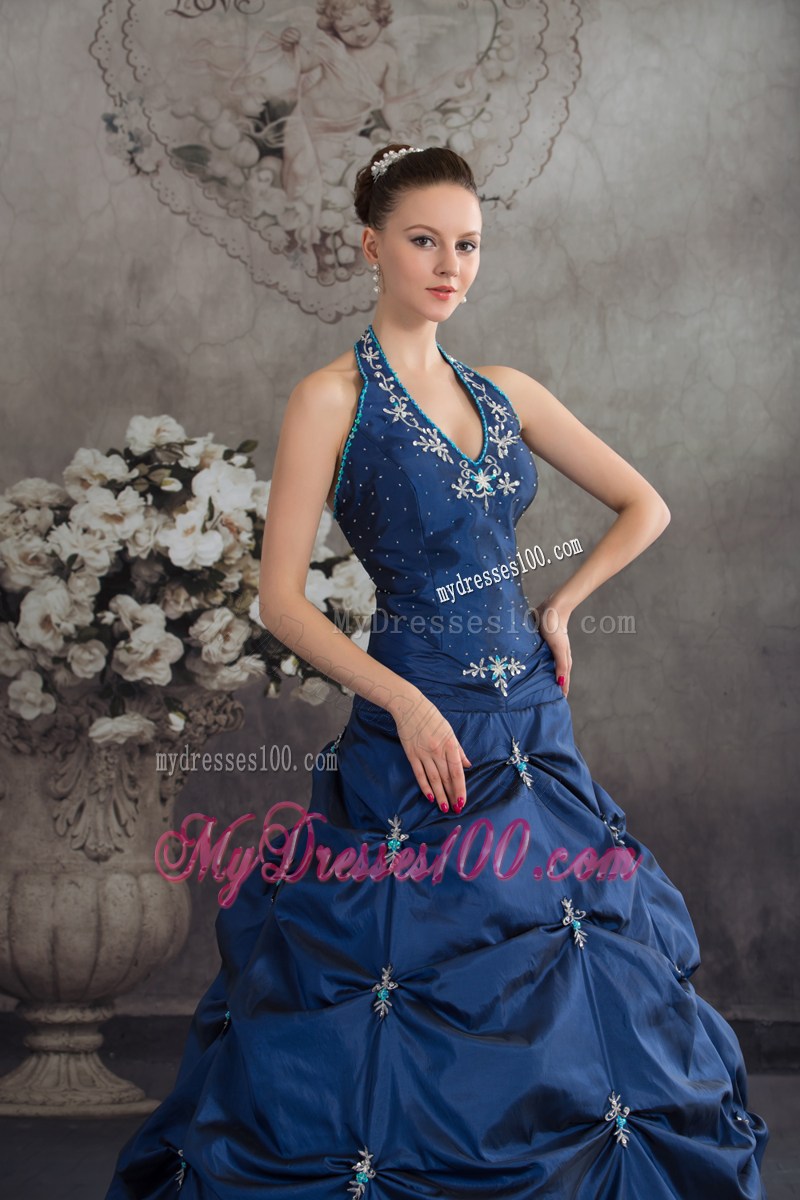 Navy Blue Halter Top Sweet 15 Dresses with Jewelries and Pick-ups