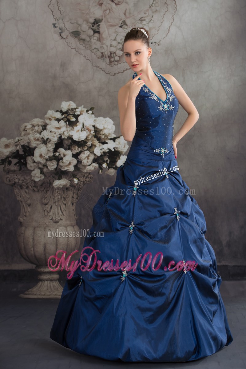 Navy Blue Halter Top Sweet 15 Dresses with Jewelries and Pick-ups