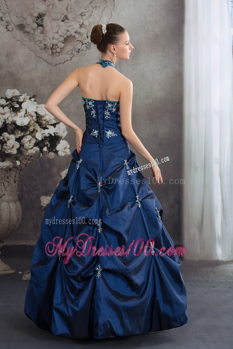 Navy Blue Halter Top Sweet 15 Dresses with Jewelries and Pick-ups