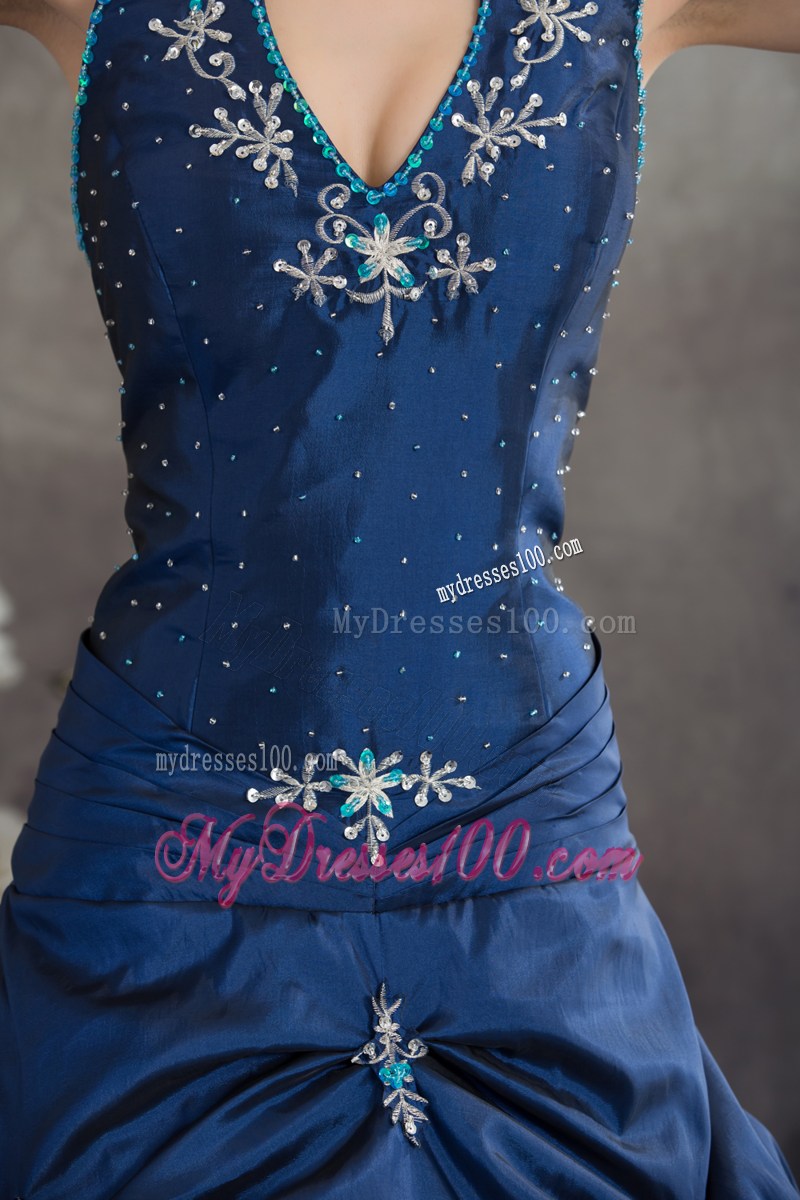 Navy Blue Halter Top Sweet 15 Dresses with Jewelries and Pick-ups