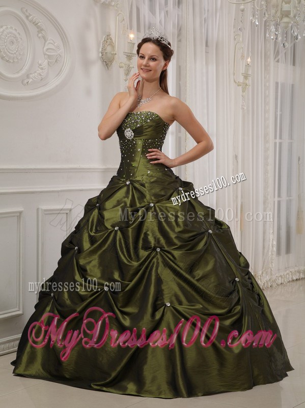 Beading Ruching Pick-ups and Sweet 15 Dresses in Olive Green For Girls