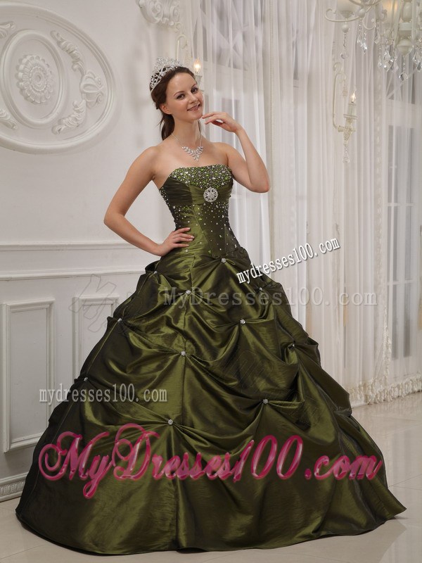 Beading Ruching Pick-ups and Sweet 15 Dresses in Olive Green For Girls