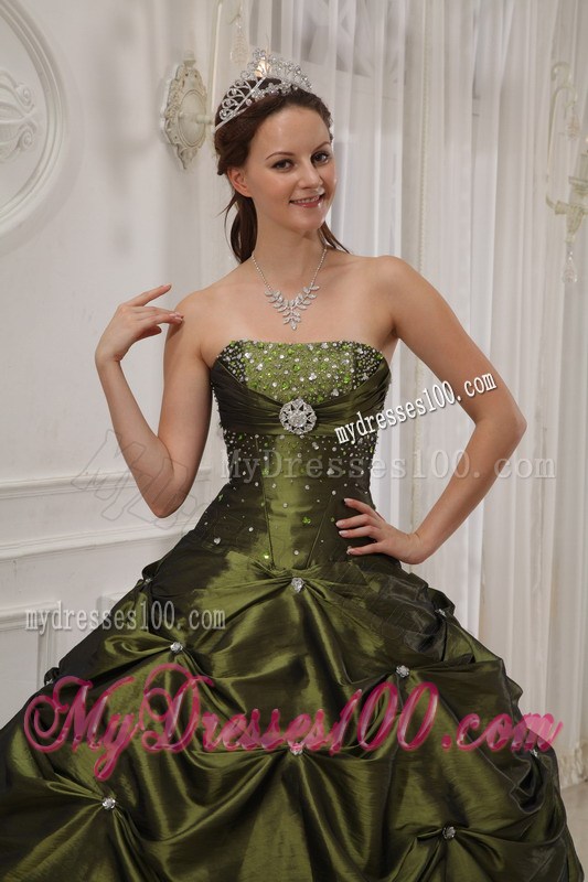 Beading Ruching Pick-ups and Sweet 15 Dresses in Olive Green For Girls