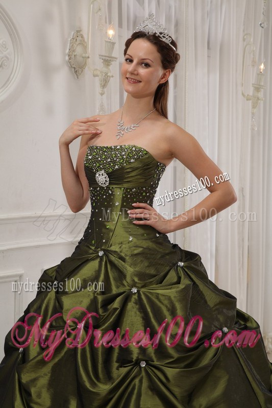 Beading Ruching Pick-ups and Sweet 15 Dresses in Olive Green For Girls