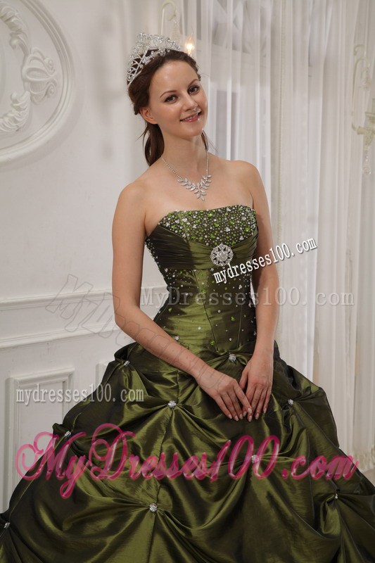 Beading Ruching Pick-ups and Sweet 15 Dresses in Olive Green For Girls