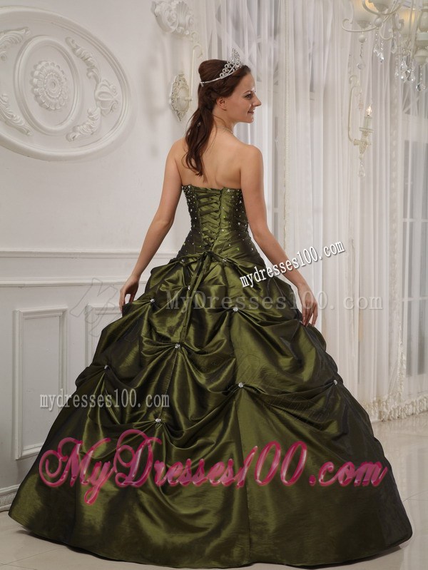 Beading Ruching Pick-ups and Sweet 15 Dresses in Olive Green For Girls