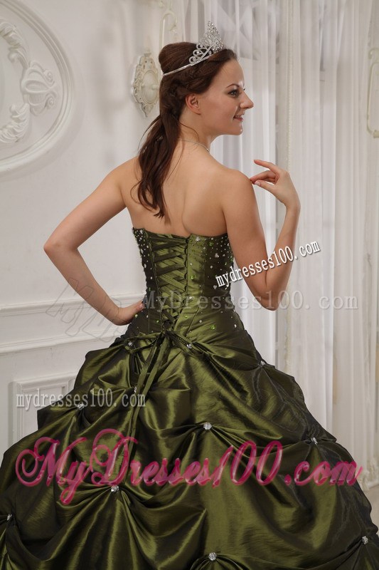 Beading Ruching Pick-ups and Sweet 15 Dresses in Olive Green For Girls