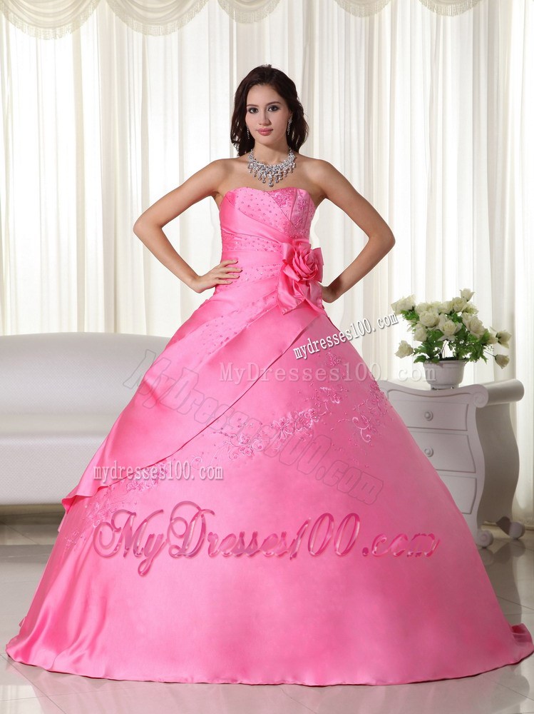 Strapless Beading and Appliques Quinceanera Dress Accent with Handle Flowers