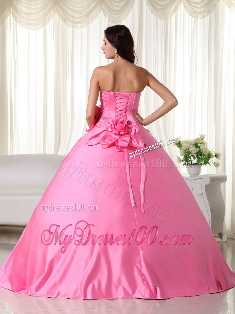 Strapless Beading and Appliques Quinceanera Dress Accent with Handle Flowers