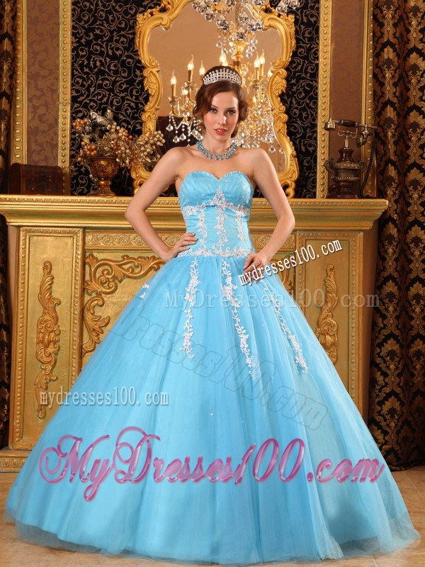 Blue Quinceanera Dresses Decorated with White Appliques For Beauties