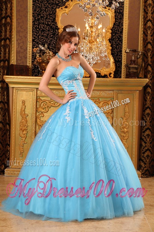 Blue Quinceanera Dresses Decorated with White Appliques For Beauties